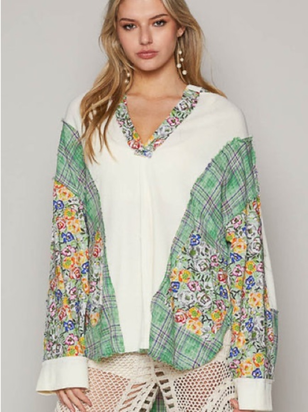 POL Boho Cream & Clover Green Floral- Plaid Patchwork Tunic Hoodie-NWOT-Sz L